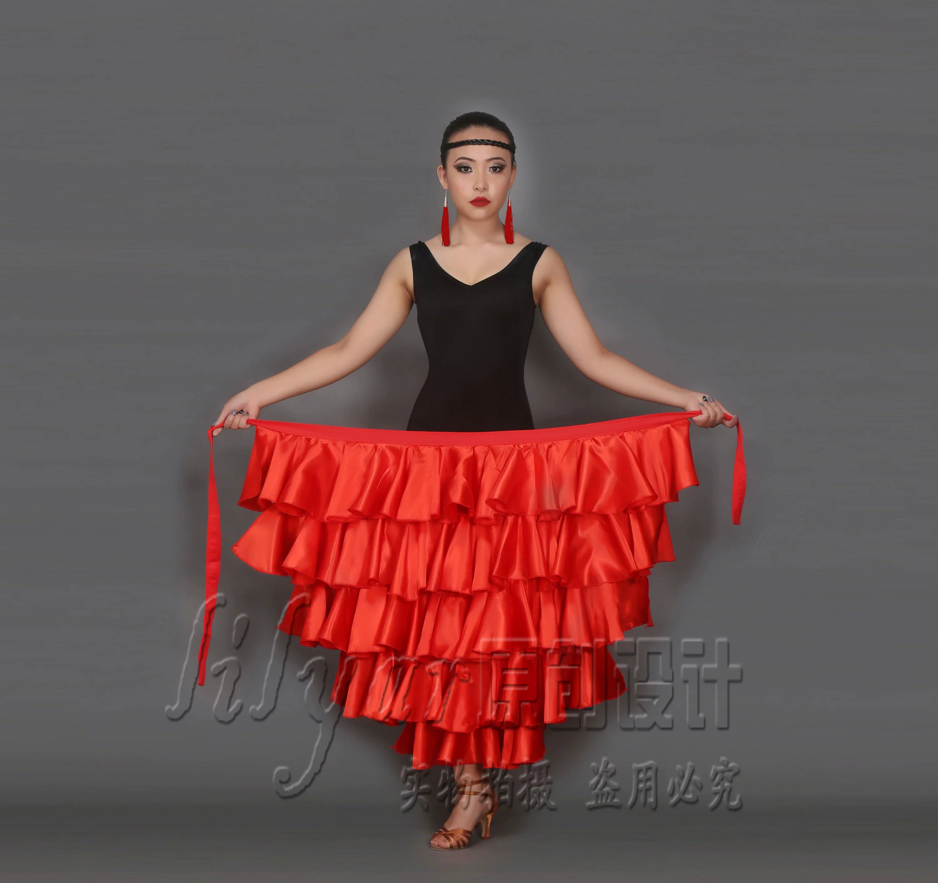 Classical Latin Dance Skirts For Ladies Black Red Clothes Fantasia Women Competitive Paso Doble Fluffy Bullfight Garments - 