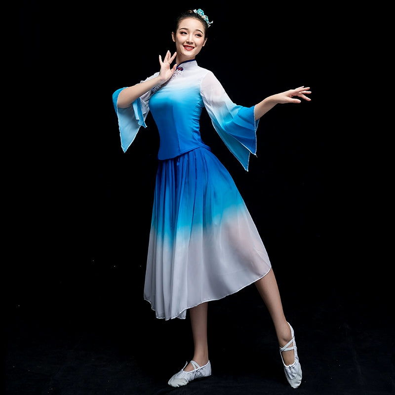 Chinese Folk Dance Costume Modern Dance Costume Female Adult Short Skirt Green Chorus Costume Guzheng Classical Dance Song and Dance Suit - Moderndancedress.com