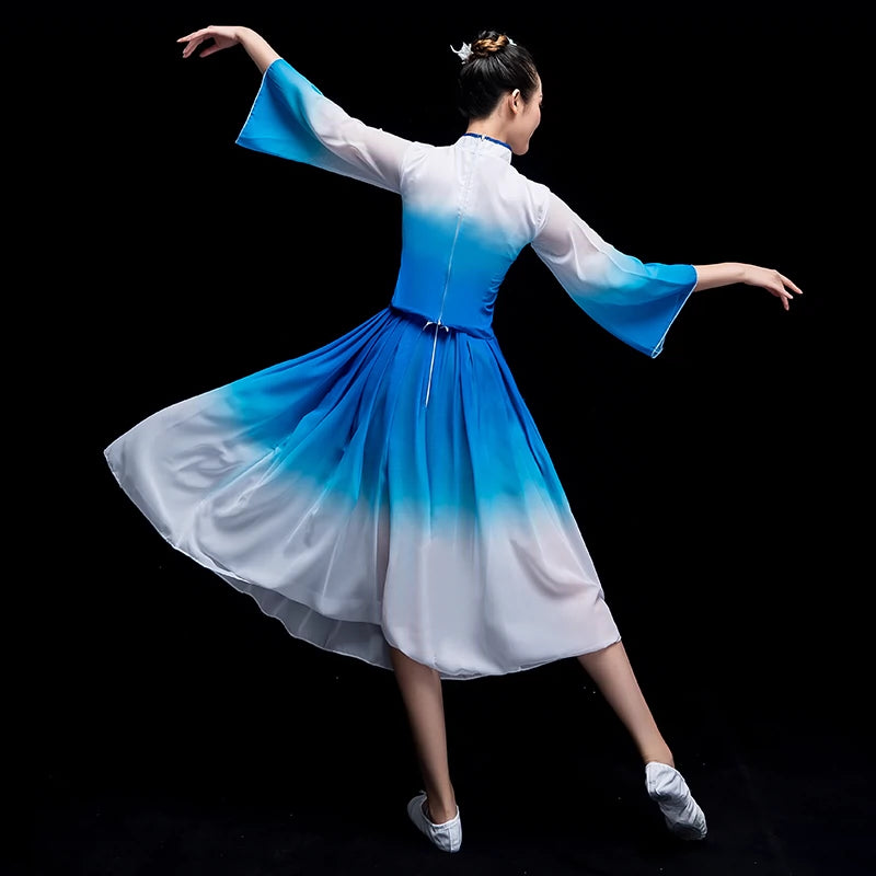 Chinese Folk Dance Costume Opening Dance Blue and White Porcelain Modern Dance Dress Chorus Long Skirt Chinese Kite Performing Dress Female Adults
