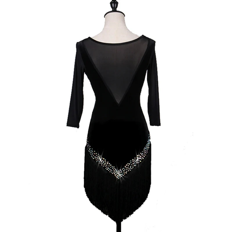 Latin Dance Dresses Women's Training / Performance Spandex / Tulle Tassel / Crystals / Rhinestones Long Sleeve High Dress - Moderndancedress.com