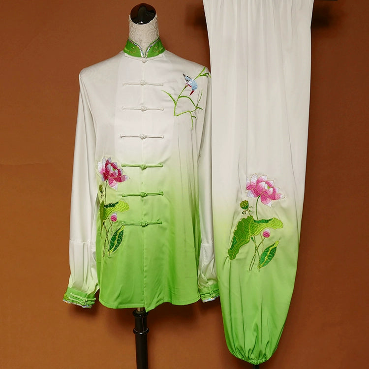 Custom size Lotus embroidery green white gradient tai chi clothing for women men martial art competition chinese kungfu wushu uniforms - Moderndancedress.com