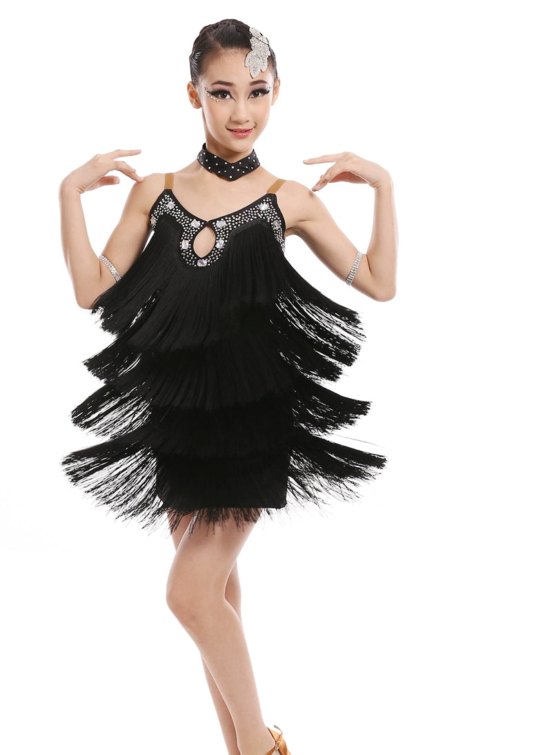 Custom size White pink green fringe Latin dance competition dresses for girls kids Latin dance competition skirts stage performance outfits - Moderndancedress.com