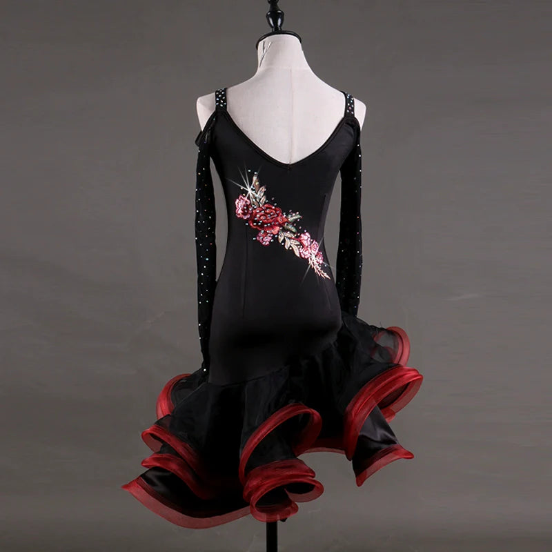 Long Sleeve Latin Dance Competition Show Shoulders Performing Dresses Adult Female Professional High-end Decorated Latin Dance Dresses - Moderndancedress.com