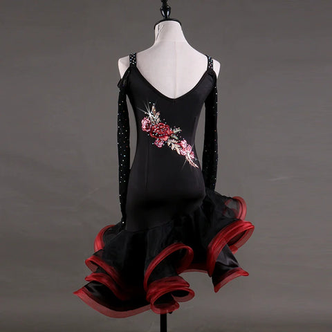 Long Sleeve Latin Dance Competition Show Shoulders Performing Dresses Adult Female Professional High-end Decorated Latin Dance Dresses - Moderndancedress.com