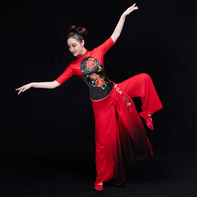 Chinese Folk Dance Costumes Yangge Clothes Fan Umbrella Dance Performing Classical Dance Performing Apparel in China Wind Square - Moderndancedress.com