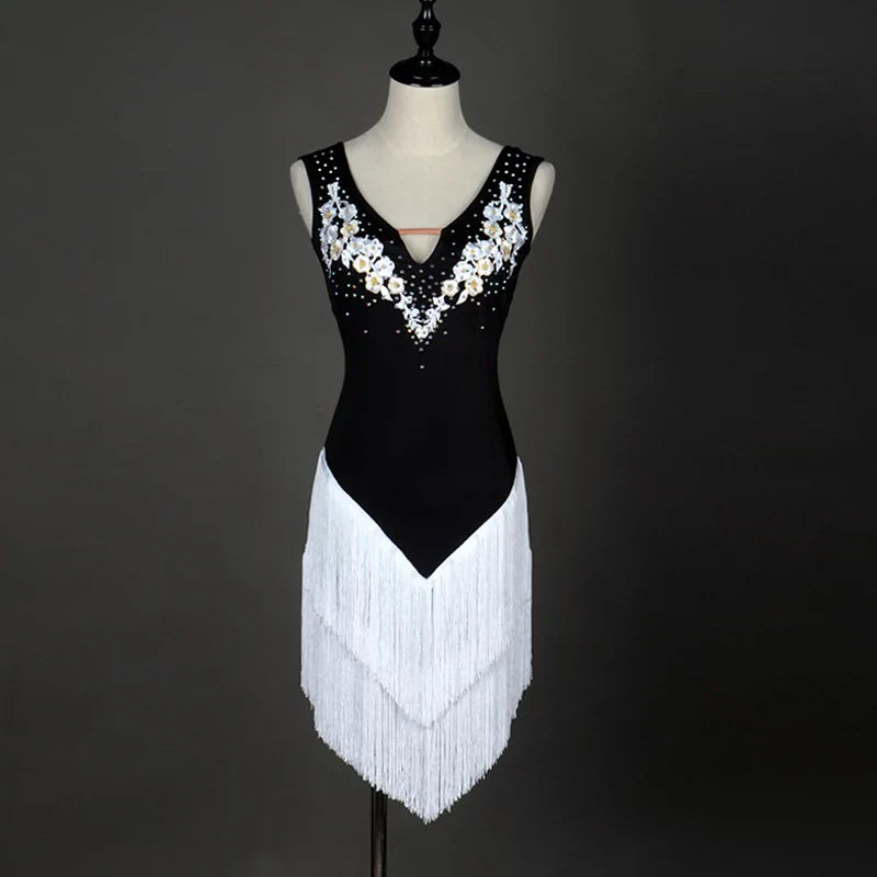 Latin dance fringe skirt professional competition drilled Latin Dance Costume applique Latin Dance Dress - Moderndancedress.com