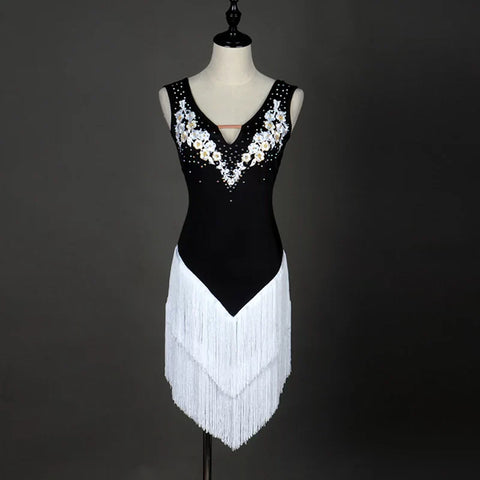 Latin dance fringe skirt professional competition drilled Latin Dance Costume applique Latin Dance Dress - Moderndancedress.com