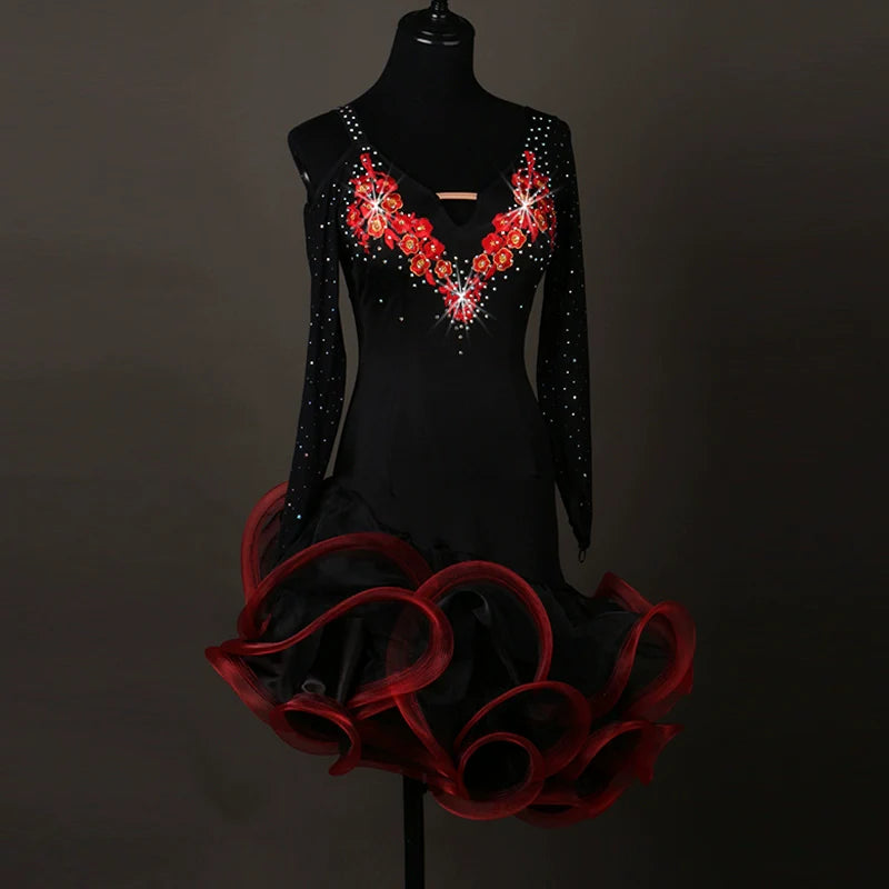 Latin Dance Dresses Women's Performance Spandex / Organza Crystals / Rhinestones Long Sleev Dress