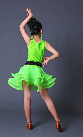 Children Competition Neon Green Pink Blue Latin Dance Dresses Ruffles Salsa Chacha  Performance Clothes for Girls - Moderndancedress.com
