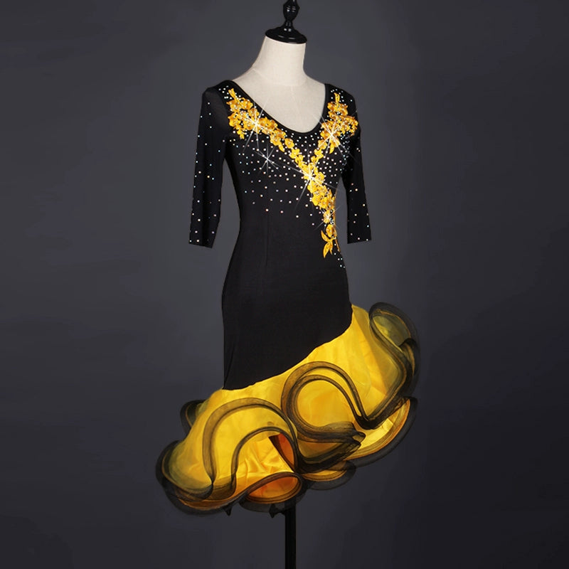 Latin Dance Costume competition dress with diamond-set sleeve in screen adult Latin dance dress - Moderndancedress.com