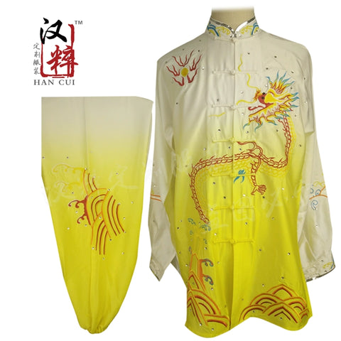 Tai Chi Competition Show Wushu Clothing Long Sleeve Embroidery Dragon Gradual Overcolor Sequins Customized for Adult Children