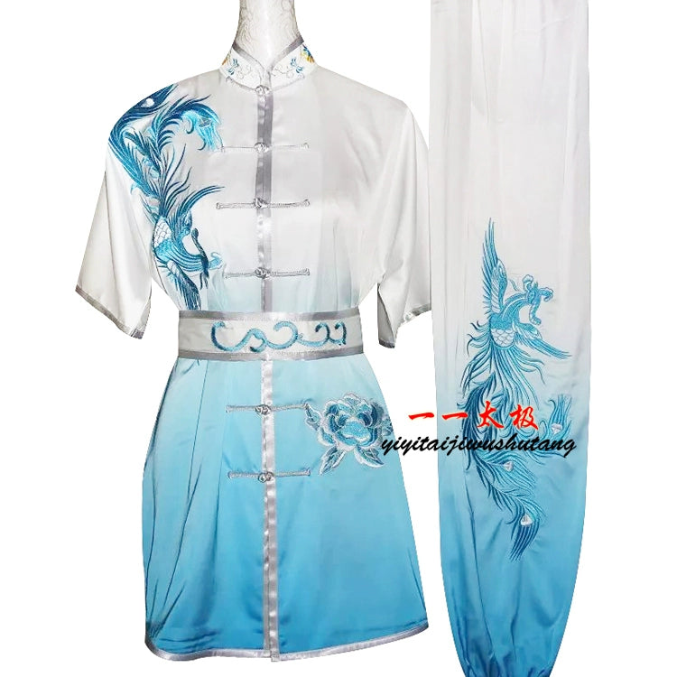 Martial Arts Clothes  Kungfu clothes High-grade martial arts clothes embroidery Phoenix Gradual Change Color Transition Female White Blue martial arts performance clothes