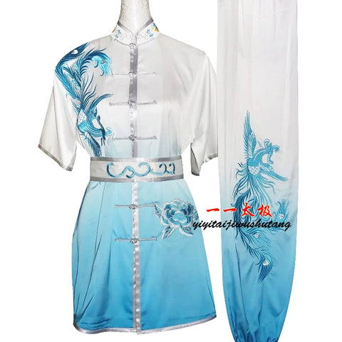 Martial Arts Clothes  Kungfu clothes High-grade martial arts clothes embroidery Phoenix Gradual Change Color Transition Female White Blue martial arts performance clothes