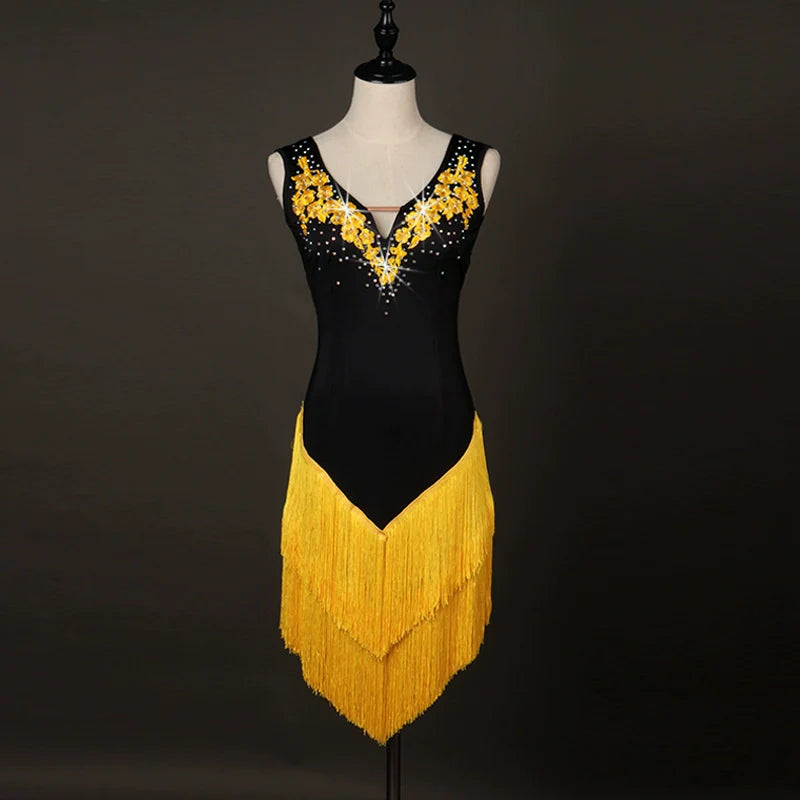 Latin dance fringe skirt professional competition drilled Latin Dance Costume applique Latin Dance Dress - Moderndancedress.com