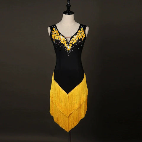 Latin dance fringe skirt professional competition drilled Latin Dance Costume applique Latin Dance Dress - Moderndancedress.com