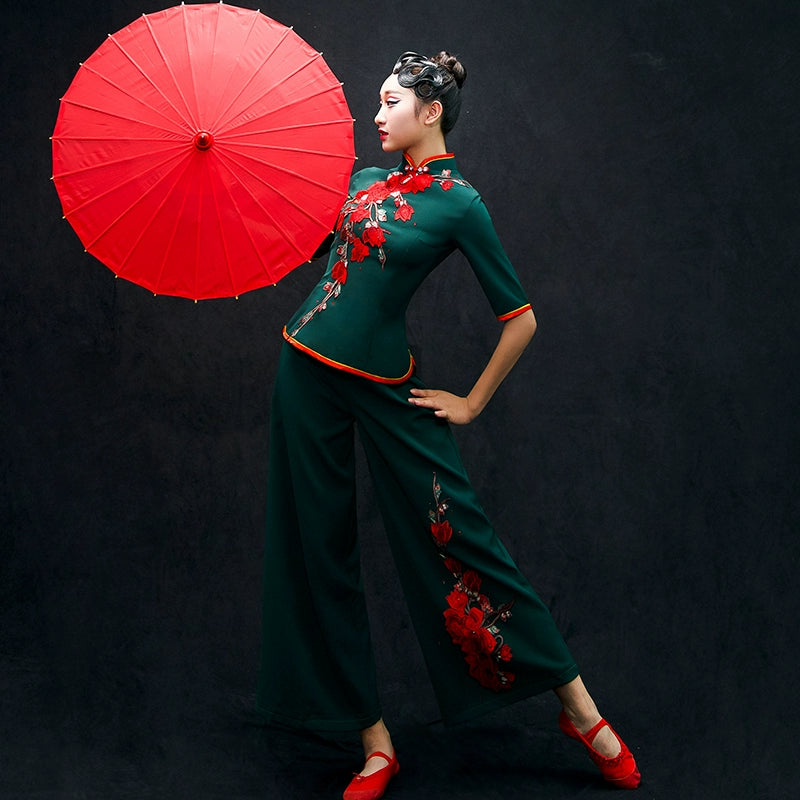 Chinese Folk Dance Costumes Yangko Dance Costume Performance Dress Female Classical Dance Fan Square Suit for Adults - Moderndancedress.com