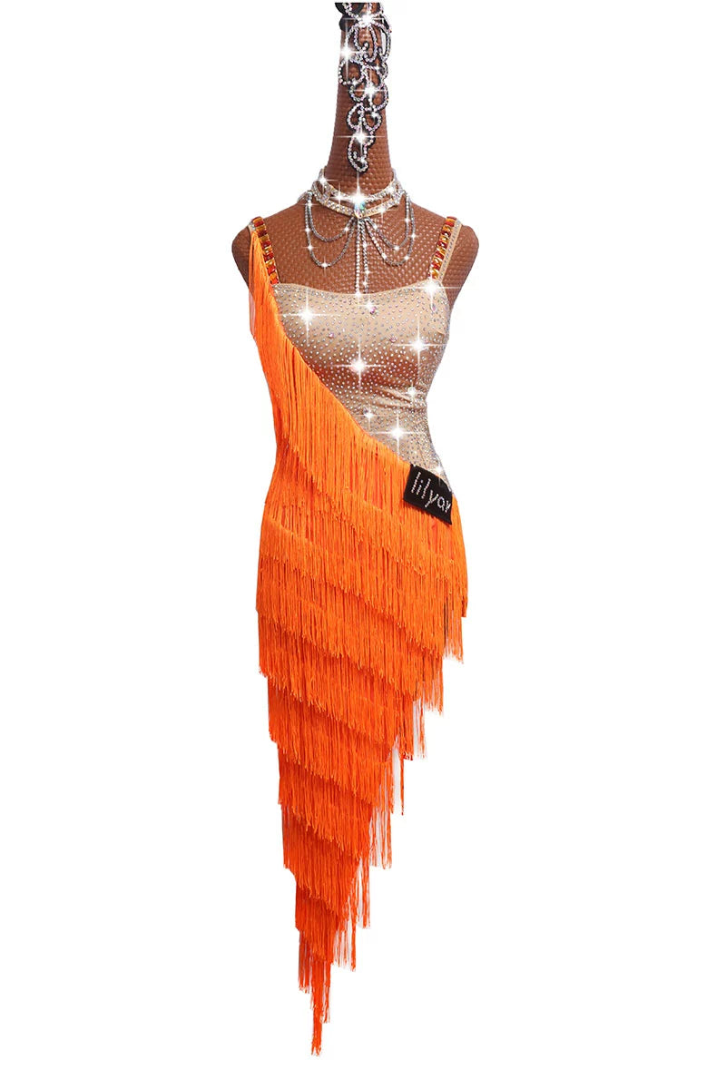 Sexy Latin Dance Dresses For Ladies Orange Cocktail Braces Dresses Young Female Women Ballroom Tutu Tassel dresses - Moderndancedress.com