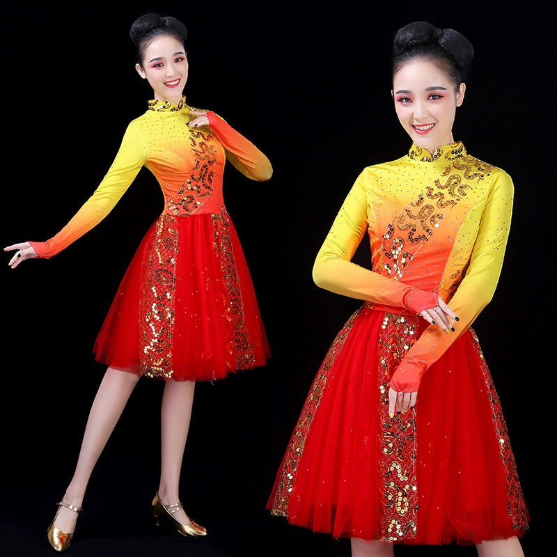 Chinese Folk Dance Costume Modern Short Skirt Suit Square Dance Costume Adult Segment Dress Allegro Chorus Costume Opening Dance Costume - Moderndancedress.com