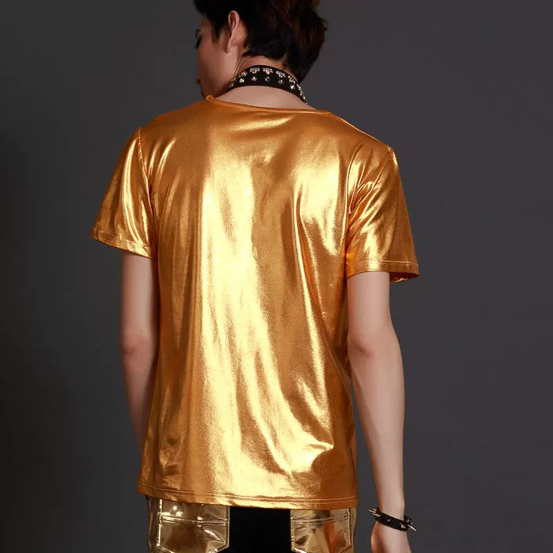 Night Club Short Sleeve Jazz Dance Tops For Men Bar Dj Dancers Male Round Neck SLim Fit Singer T-Shirt Stage Wear - Moderndancedress.com