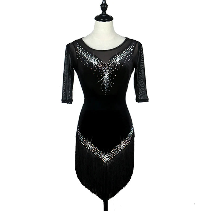 Latin Dance Dresses Women's Training / Performance Spandex / Tulle Tassel / Crystals / Rhinestones Long Sleeve High Dress - Moderndancedress.com