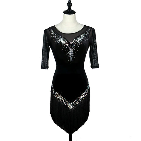 Latin Dance Dresses Women's Training / Performance Spandex / Tulle Tassel / Crystals / Rhinestones Long Sleeve High Dress - Moderndancedress.com