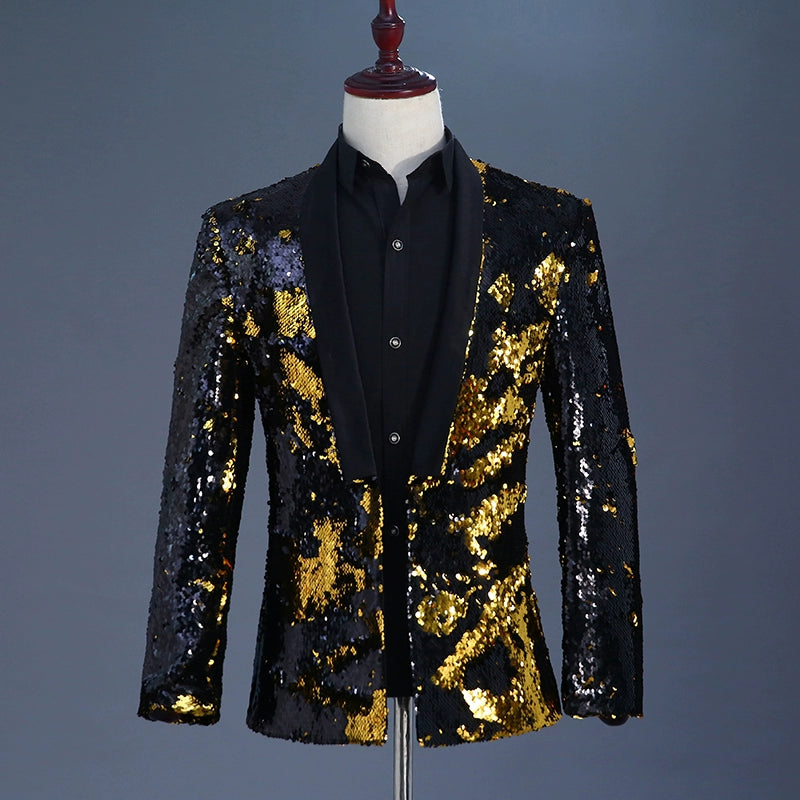 Men's Jazz Dance Costumes Men two-color sequins suit stage costume suit nightclub bar DJ singer host fashion jacket