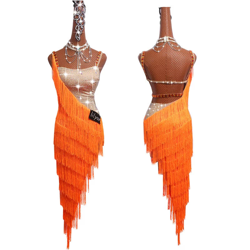 Sexy Latin Dance Dresses For Ladies Orange Cocktail Braces Dresses Young Female Women Ballroom Tutu Tassel dresses - Moderndancedress.com