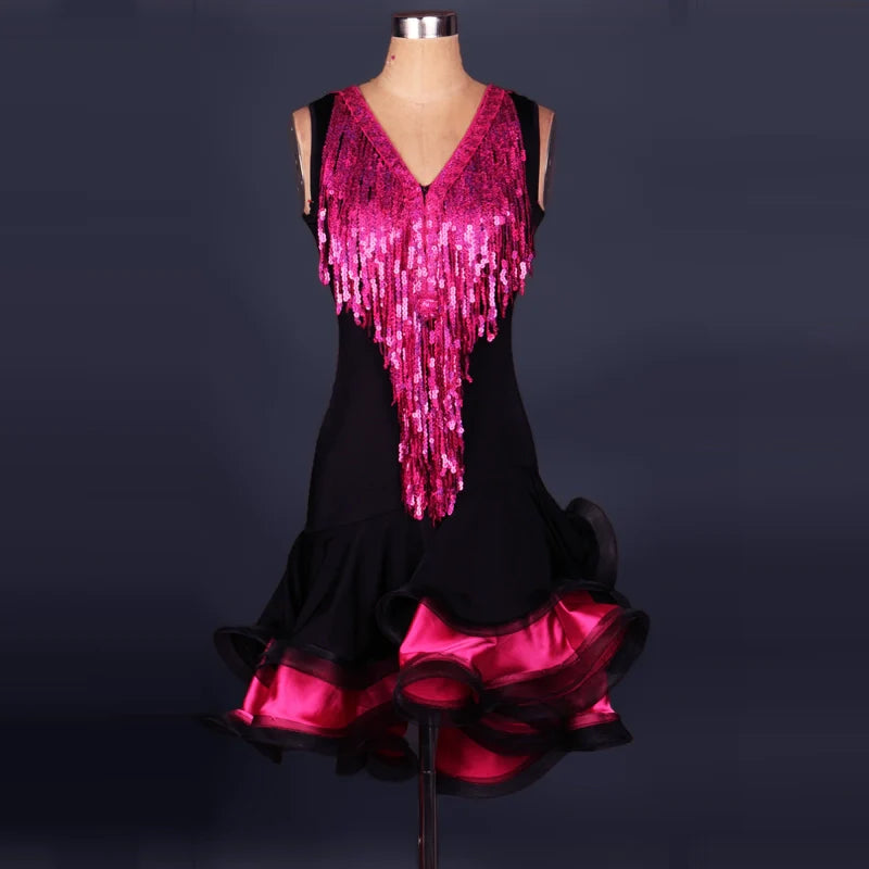 V-neck sequined Latin Dance Dresses for adult women Latin dance contest dress for performance