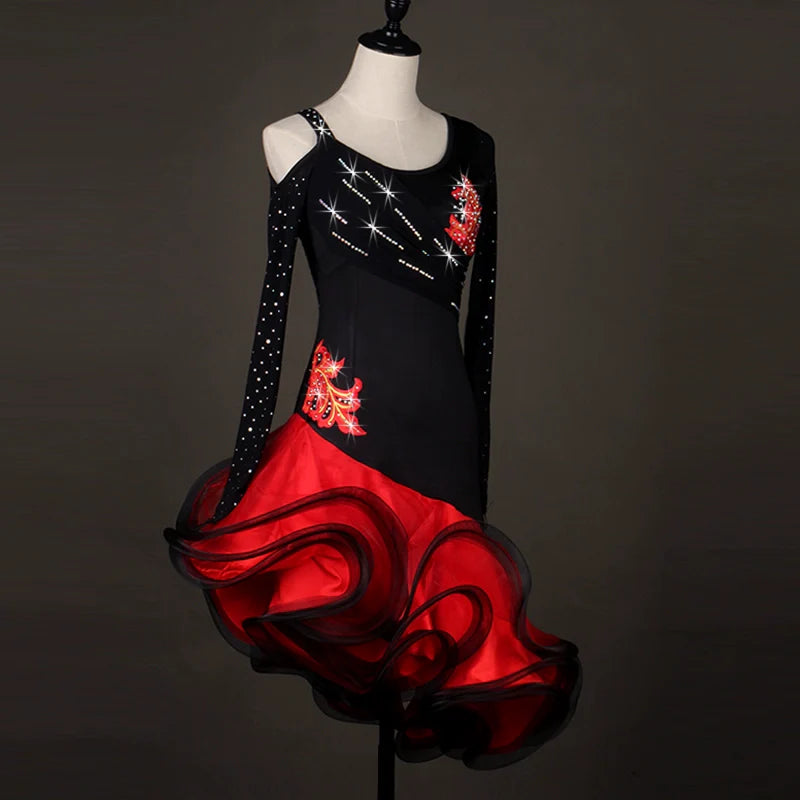 Latin Dance Dresses Women's Performance Spandex / Organza Crystals / Rhinestones  Long Sleev Dress - Moderndancedress.com