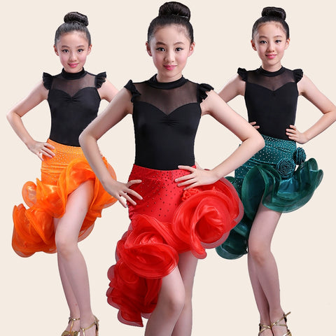 Kids Ballroom Dance Wear Salsa Tango Rumba Samba Costume lace children professional latin dance dress for girls flamengo skirt - Moderndancedress.com