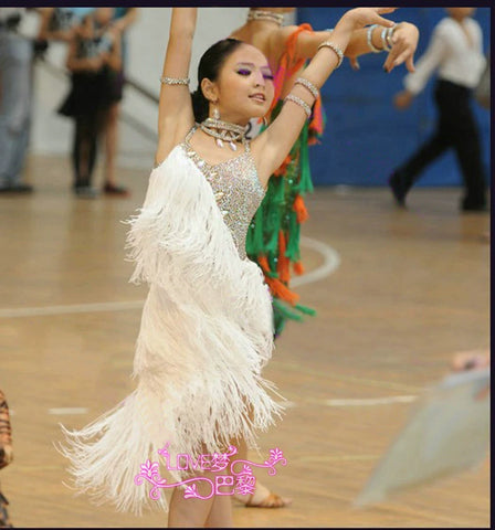 Girls Latin Dance Dresses Children's fringed Latin dance skirt children's girls Latin dance dress competition performance clothing sequins skirt - Moderndancedress.com
