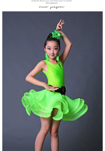 Children Competition Neon Green Pink Blue Latin Dance Dresses Ruffles Salsa Chacha  Performance Clothes for Girls - Moderndancedress.com