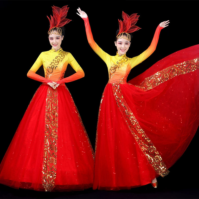 Chinese Folk Dance Costume Opening Dance Dresses Female Adult Atmospheric Annual Meeting Performing Dresses Night Dance Song Dance Performing Dresses