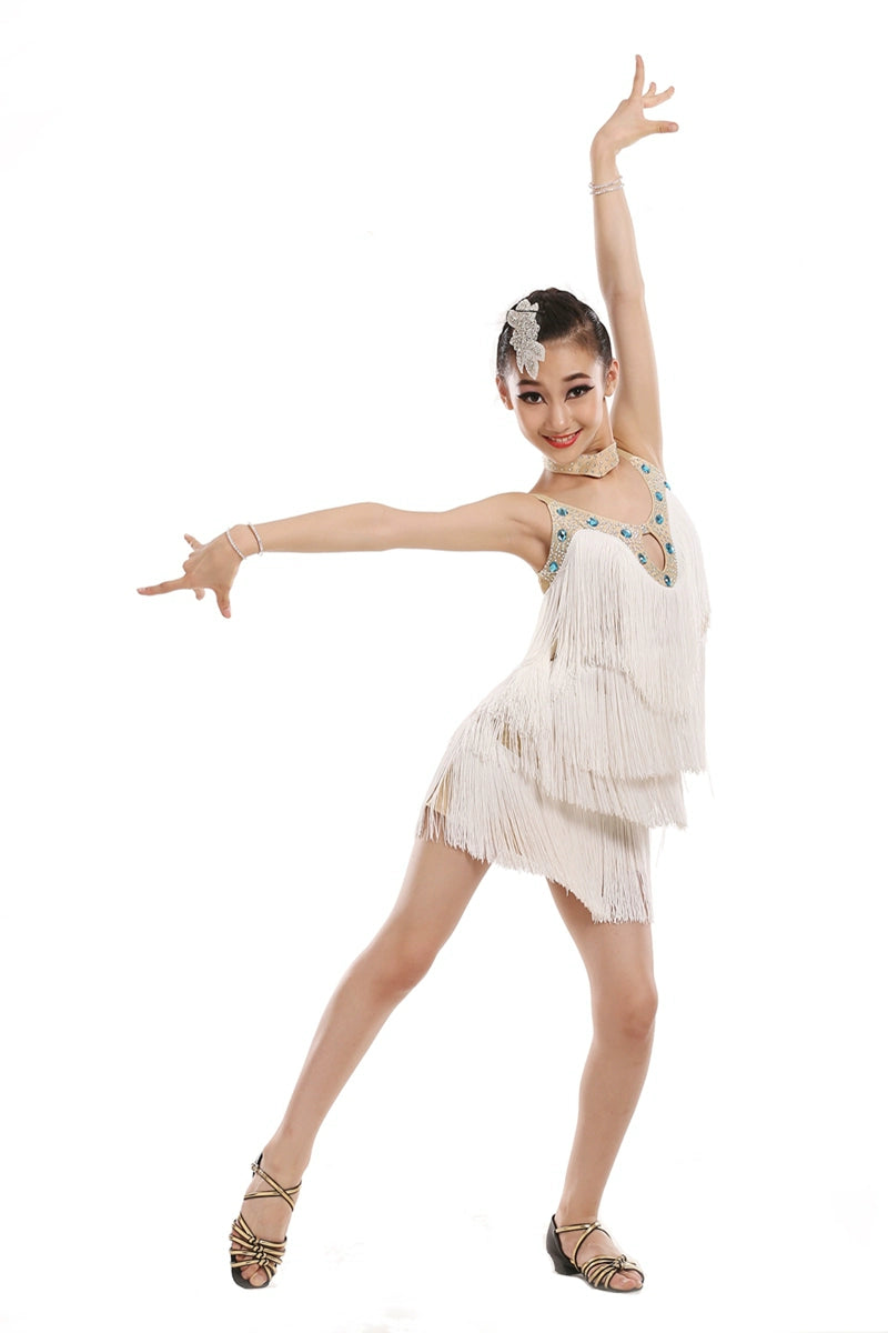 Custom size White pink green fringe Latin dance competition dresses for girls kids Latin dance competition skirts stage performance outfits - Moderndancedress.com