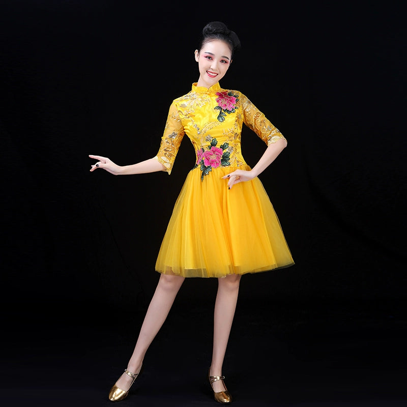 Chinese Folk Dance Costume Modern Short Skirt Show Clothes Square Dance Line Clothes Adult Allegro Show Clothes Dance Clothes