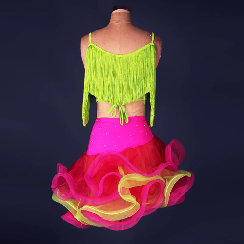 Latin Dance Dresses Mesh Long Sleeve Dance  Performing Dresses Rhinestones Long Sleev Dress - Moderndancedress.com