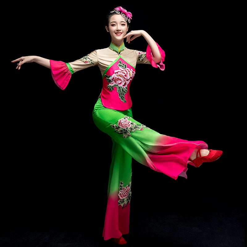 Chinese Folk Dance Costume Yangko costume performance dress classical dance costume female square fan suit for adults - Moderndancedress.com