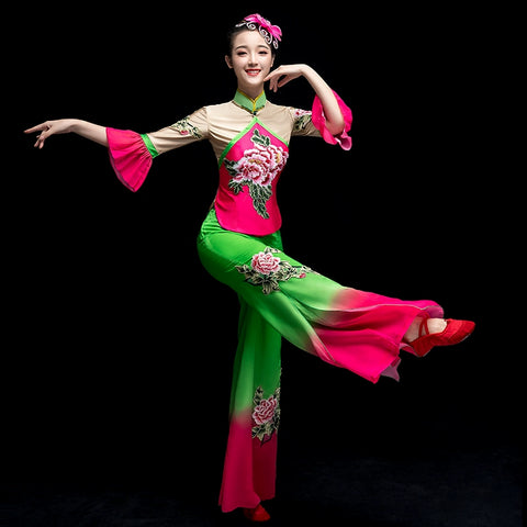 Chinese Folk Dance Costume Yangko costume performance dress classical dance costume female square fan suit for adults - Moderndancedress.com