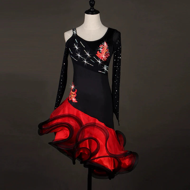 Latin Dance Dresses Women's Performance Spandex / Organza Crystals / Rhinestones  Long Sleev Dress - Moderndancedress.com