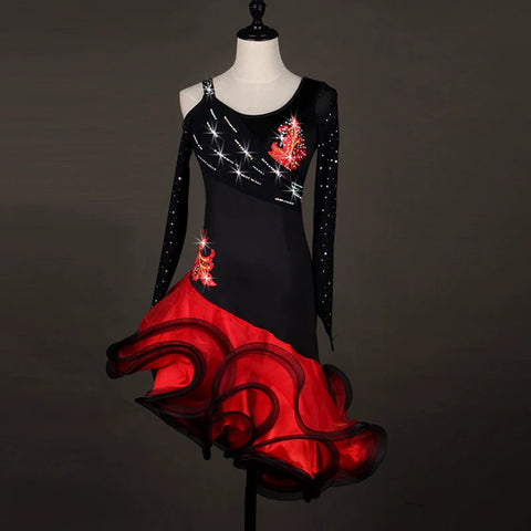Latin Dance Dresses Women's Performance Spandex / Organza Crystals / Rhinestones  Long Sleev Dress - Moderndancedress.com