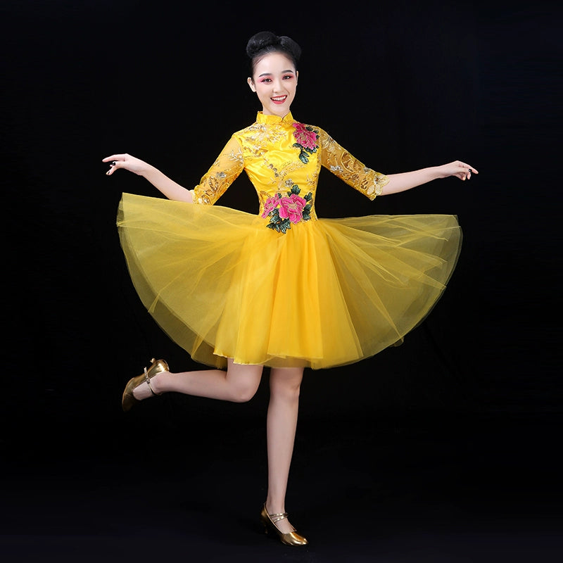 Chinese Folk Dance Costume Modern Short Skirt Show Clothes Square Dance Line Clothes Adult Allegro Show Clothes Dance Clothes