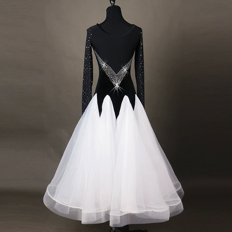 Ballroom Dance Dresses Women's Performance Chinlon Appliques / Splicing / Paillette Long Sleeve High Dress - Moderndancedress.com
