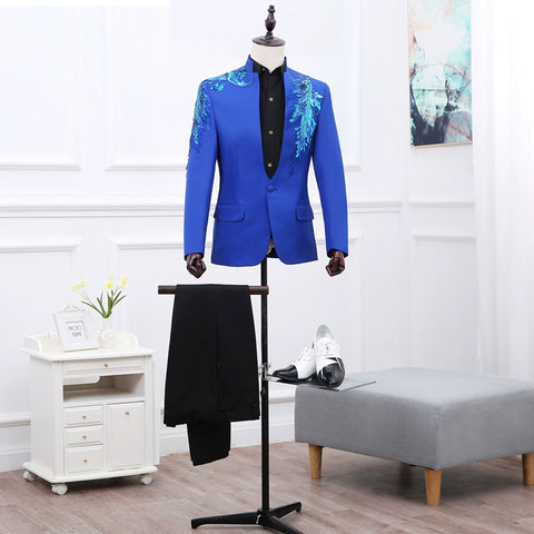 Men's collar, sequins, sequins, Western-style clothes, presenters, performance suits, long sleeves, stage singers, suits, and formal dress. - 