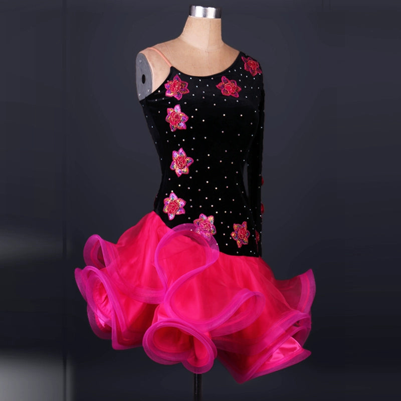 diamond-inlaid Latin dance competition dress imported velvet Latin dance dress for adult performance - Moderndancedress.com