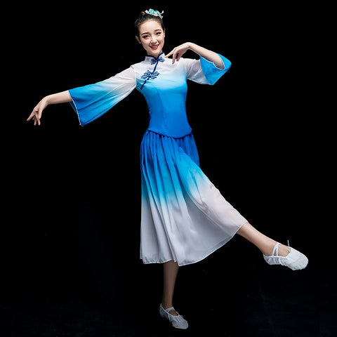 Chinese Folk Dance Costume Opening Dance Blue and White Porcelain Modern Dance Dress Chorus Long Skirt Chinese Kite Performing Dress Female Adults - 