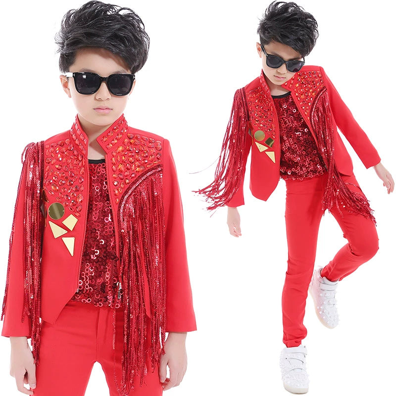 Boys Red Rhinestones Jazz Dance Costume Singer Host Drummer Performance Gogo Dancers Music Production Outfits Stage Dancewear - Moderndancedress.com