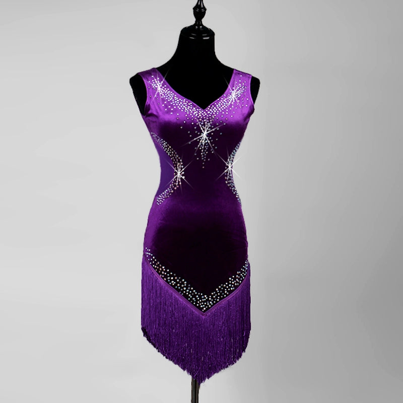 Latin Dance Competition Costume with Diamond in Lumbar Threaded Latin Skirt for Adult Female Liusu Dress - Moderndancedress.com