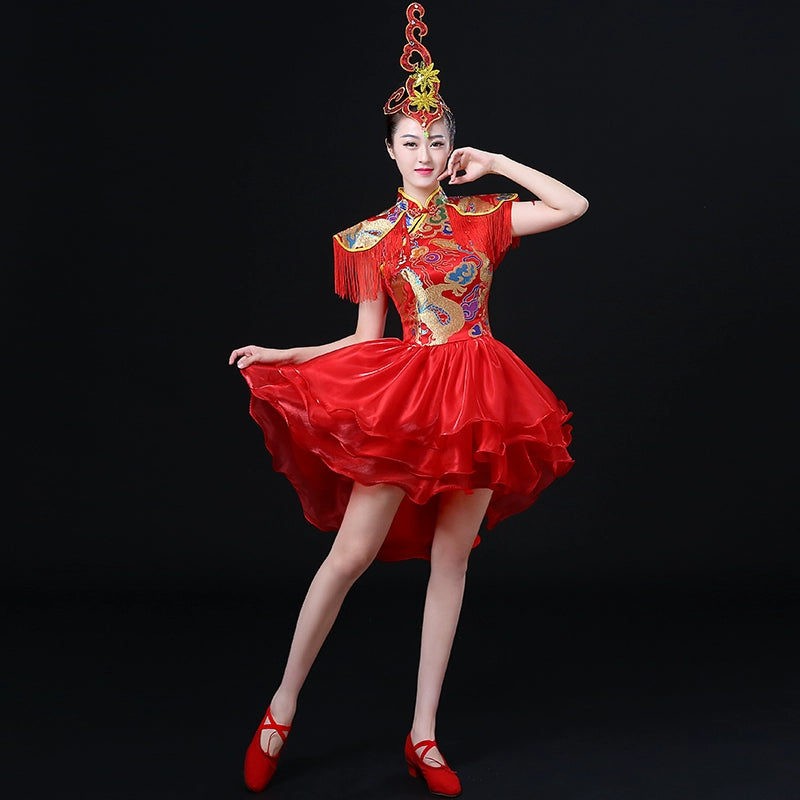 Jazz Dance Costumes Modern Dance Drum Drum Costume Performing Apparel Chinese Style Skirt National Dance Fan Dance Cheongsam Adult Women - 