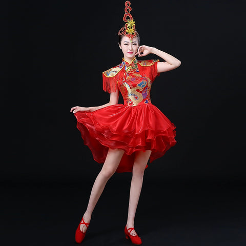 Jazz Dance Costumes Modern Dance Drum Drum Costume Performing Apparel Chinese Style Skirt National Dance Fan Dance Cheongsam Adult Women - Moderndancedress.com