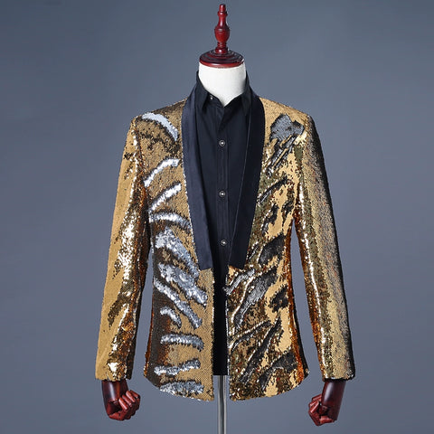 Men's Jazz Dance Costumes Men two-color sequins suit stage costume suit nightclub bar DJ singer host fashion jacket